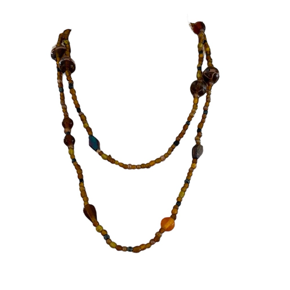Limited Beaded Long Bohemian Necklace Brown Gold Blue Crafted Glass 24” Long